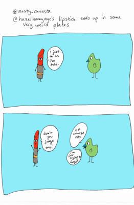 Ridiculous comic strip between a lipstick and a chickadee.